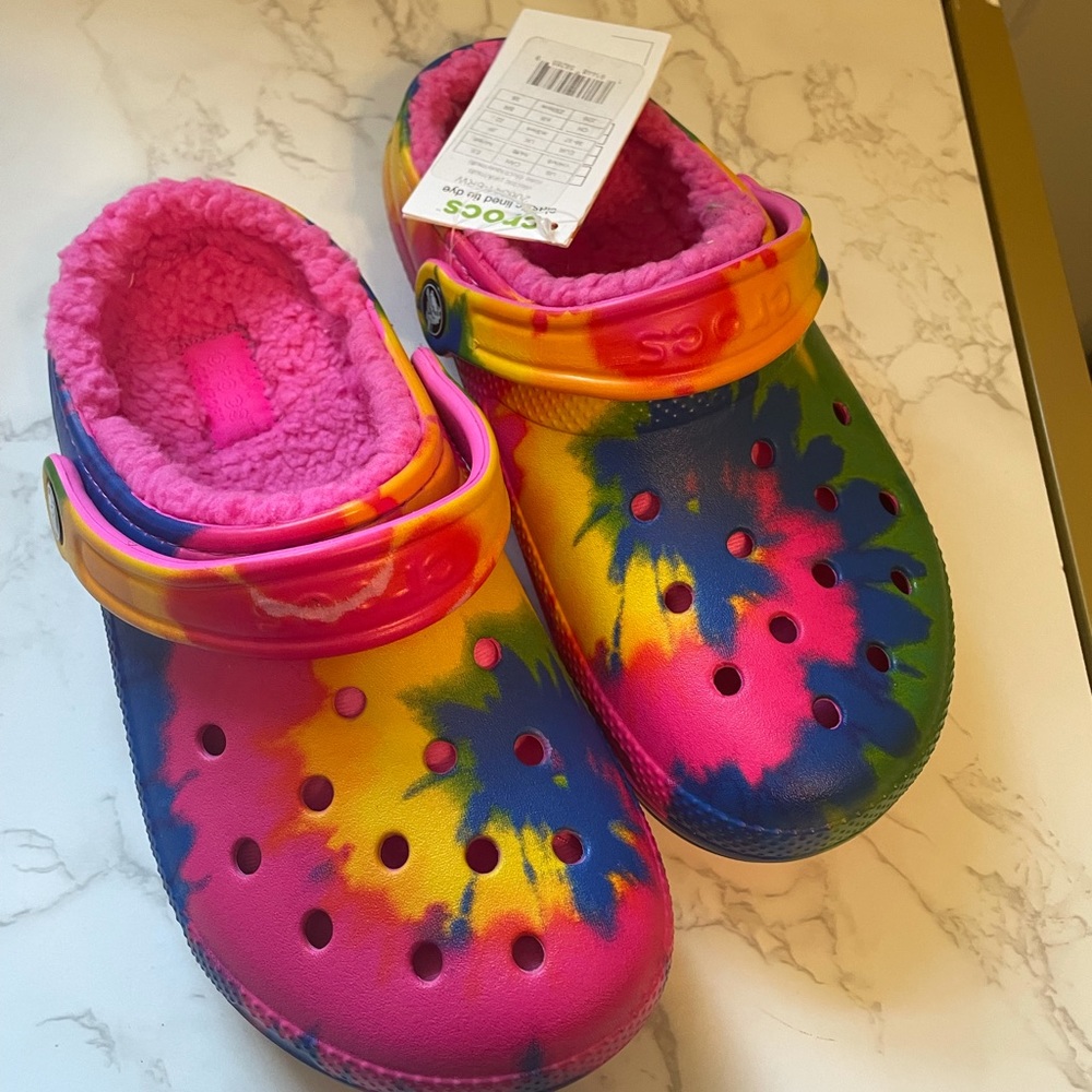 Tie dye furry crocs